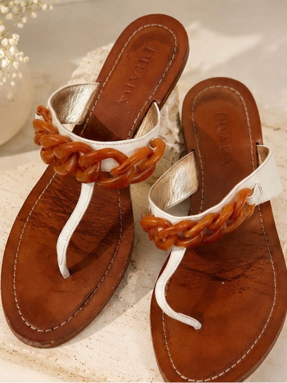 Prada White Leather Thong Sandals with Amber Chain